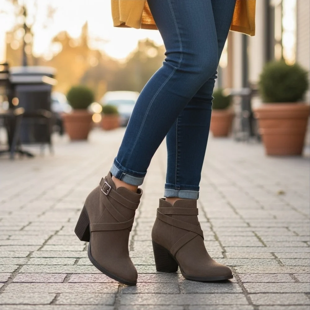 Style & Co Buckle Criss Cross Strap Boots Booties SZ 9 M Grey Gray Dark Taupe